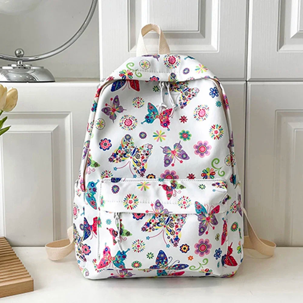 Butterfly Print Nylon School Backpack – Large Capacity Floral Student Book Bag for Daily & Outdoor Use