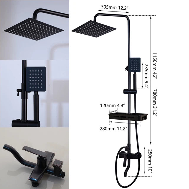 Zappo Matte Black 3-Way Wall-Mounted Rainfall Shower System – Shelf & Bathtub Mixer Included