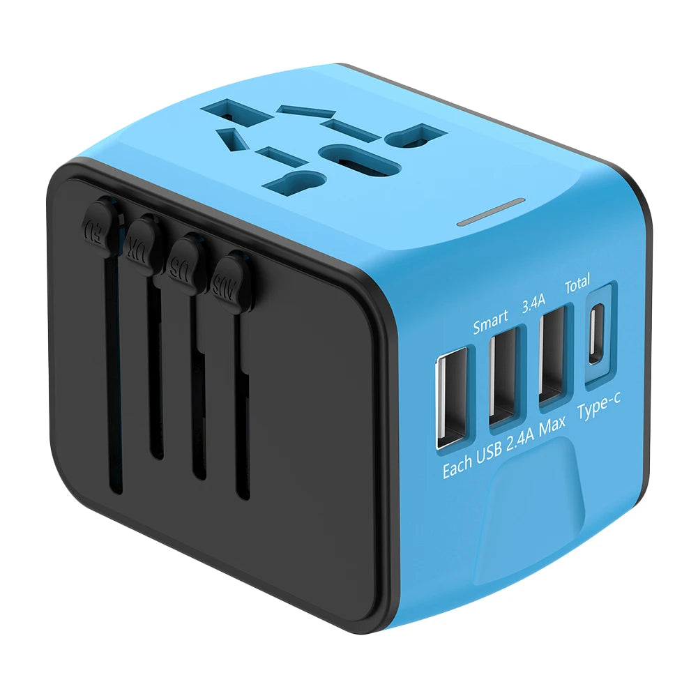 International Travel Power Plug Adapter – Portable Charger with 3 USB & 1 Type-C Ports for USA, EU, UK & AU