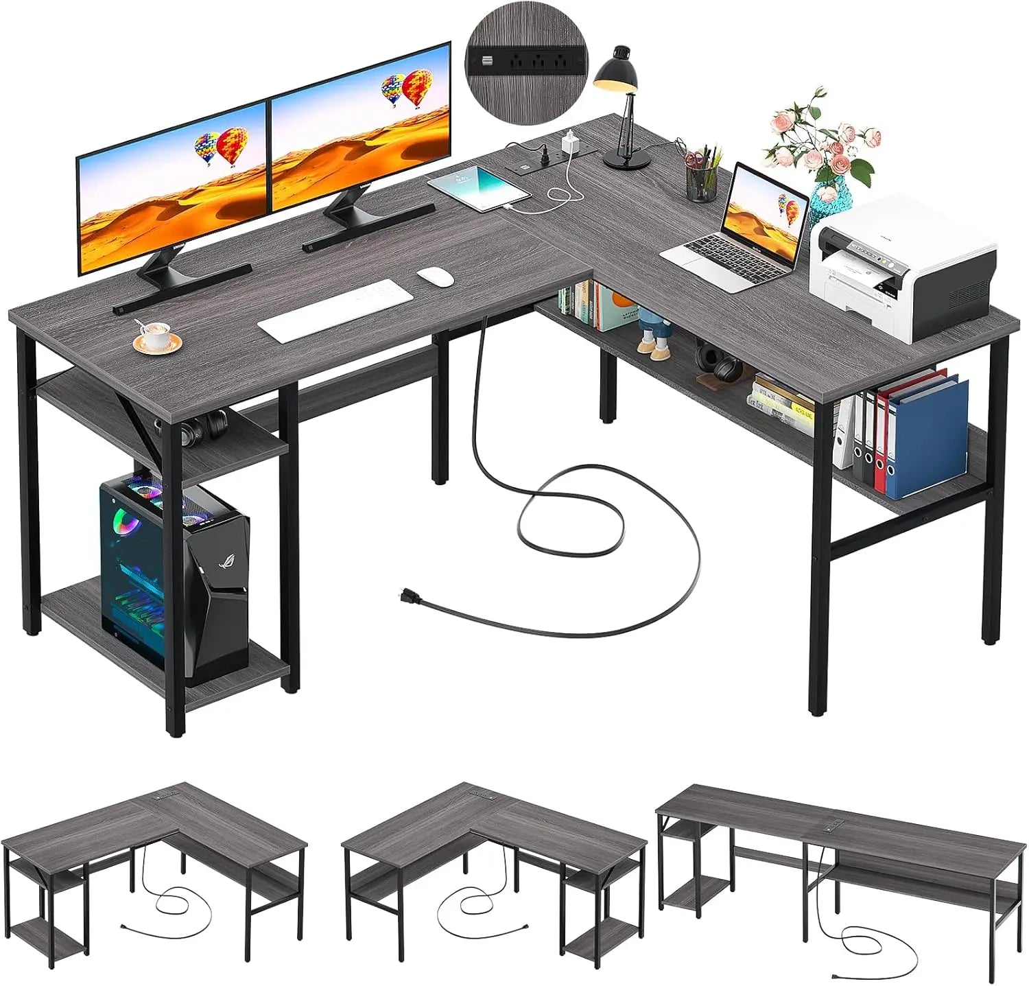 Modern L-Shaped Desk with LED Lights & Power Outlet – Reversible Corner Computer Table with Monitor Stand & Storage Shelf