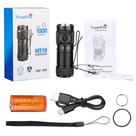TrustFire MT10 Rechargeable LED EDC Flashlight – 1000 Lumens, USB-C Charging, Compact Torch with Magnetic Tail