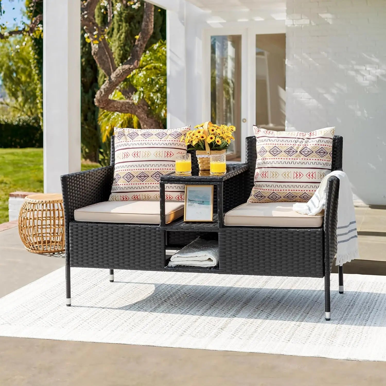 “Outdoor Patio Loveseat – Modern Rattan 2-Seat Conversation Set with Cushions & Built-in Coffee Table for Garden & Porch”