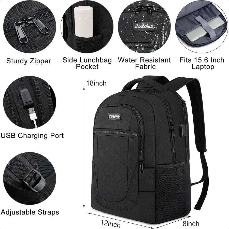 Black 15.6" Laptop School Backpack — Water-Resistant Travel Bag with USB Charging Port for Teens & Adults