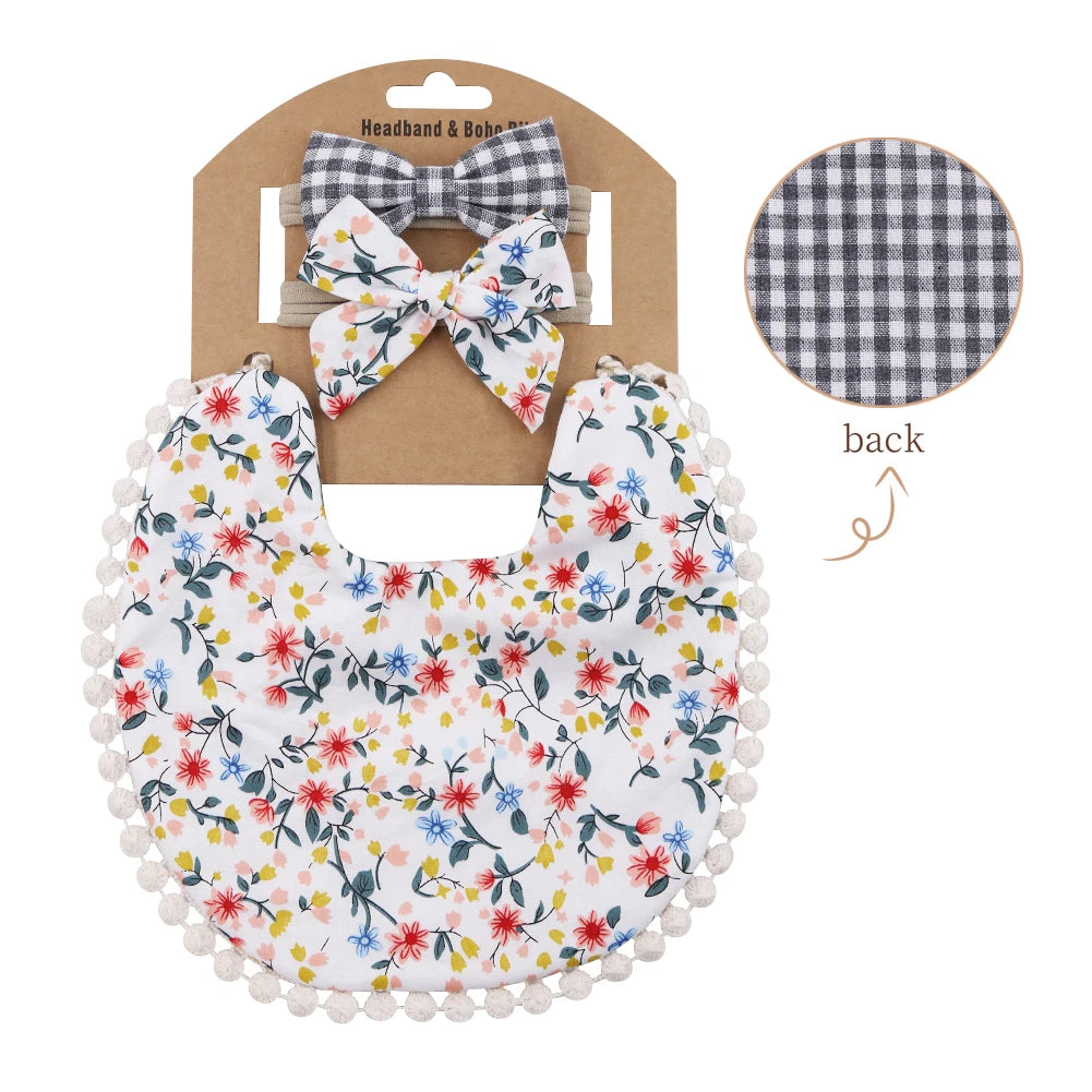 3-Piece Flower Print Baby Bib & Headband Set – Soft Cotton Linen Feeding Bandana Bibs | Double-Layer Saliva Towels for Boys & Girls