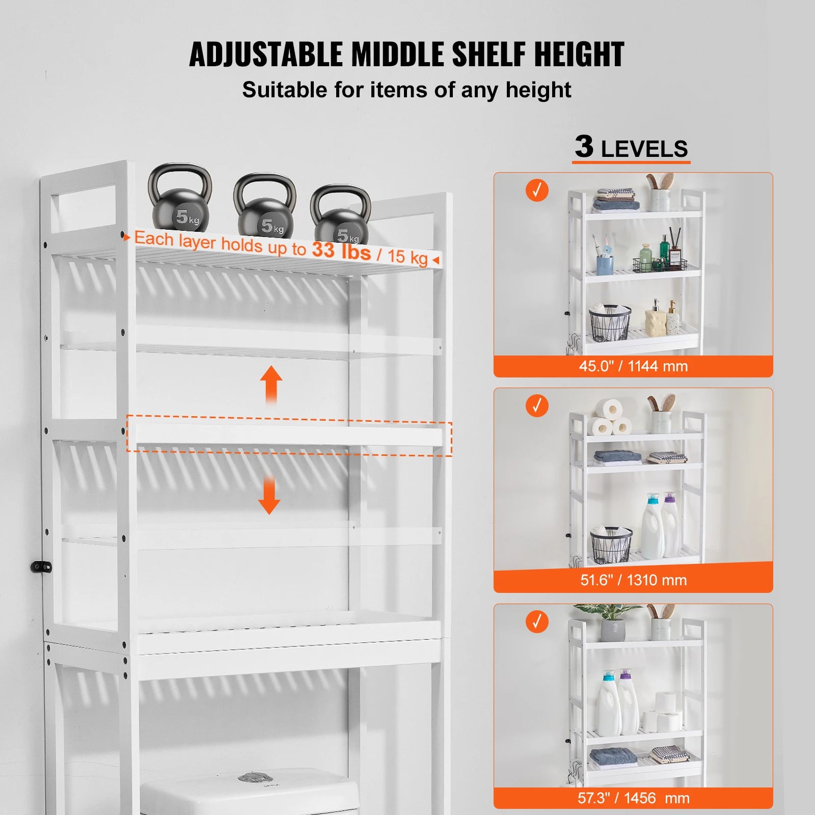 VEVOR Over-the-Toilet Storage Shelf – Adjustable Bamboo Bathroom Organiser with 3 Hooks & Space Saver Rack