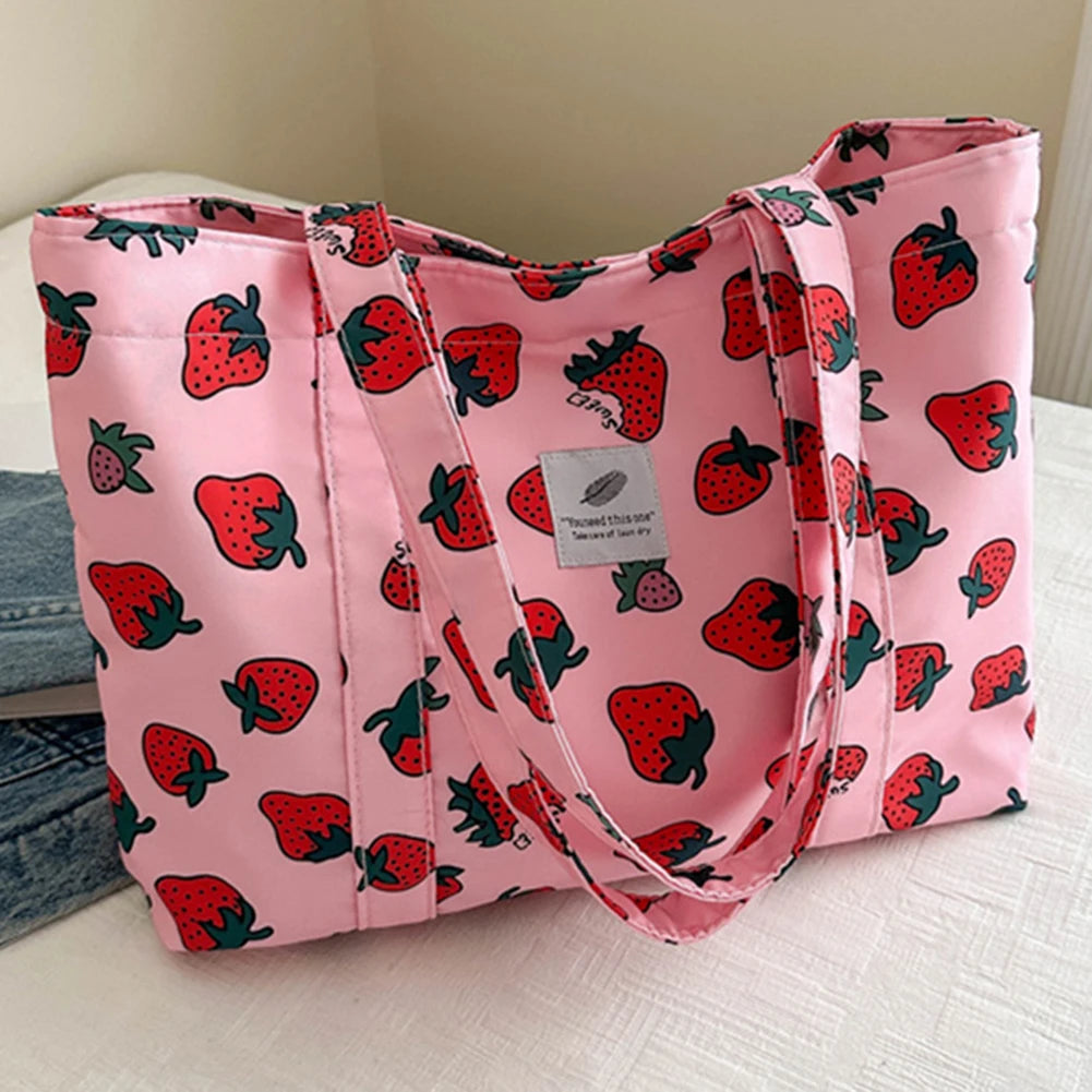 Cherry & Strawberry Print Large Capacity Canvas Tote – Nylon Top-Handle Shoulder Bag