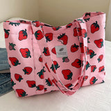 Cherry & Strawberry Print Large Capacity Canvas Tote – Nylon Top-Handle Shoulder Bag