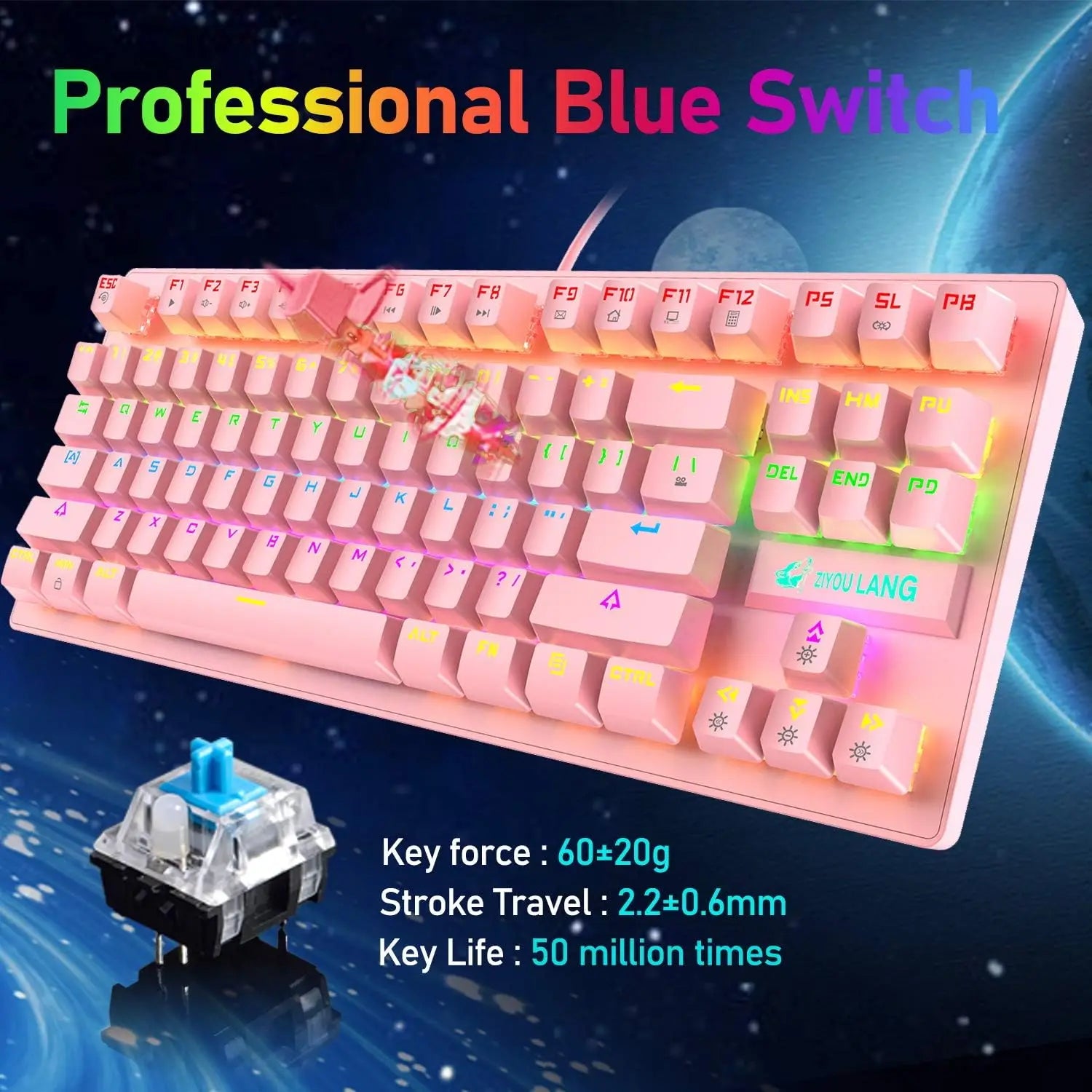 Mambasnake X Ziyou Lang K2 Wired Gaming Keyboard and Mouse Set – Mini 87-Key Mechanical Keyboard with Pink/Blue Switch & Precision Gaming Mouse