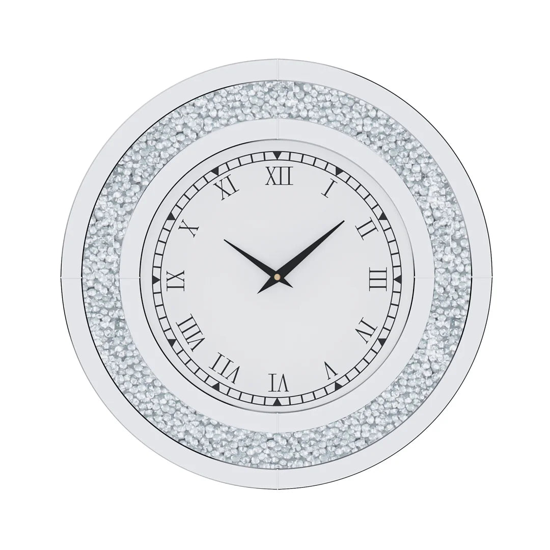 Luvodi Crystal Mirror Wall Clock – Sparkle Bling Diamond Round Wall Clock with Silver & Tawny Crushed Crystal Detailing