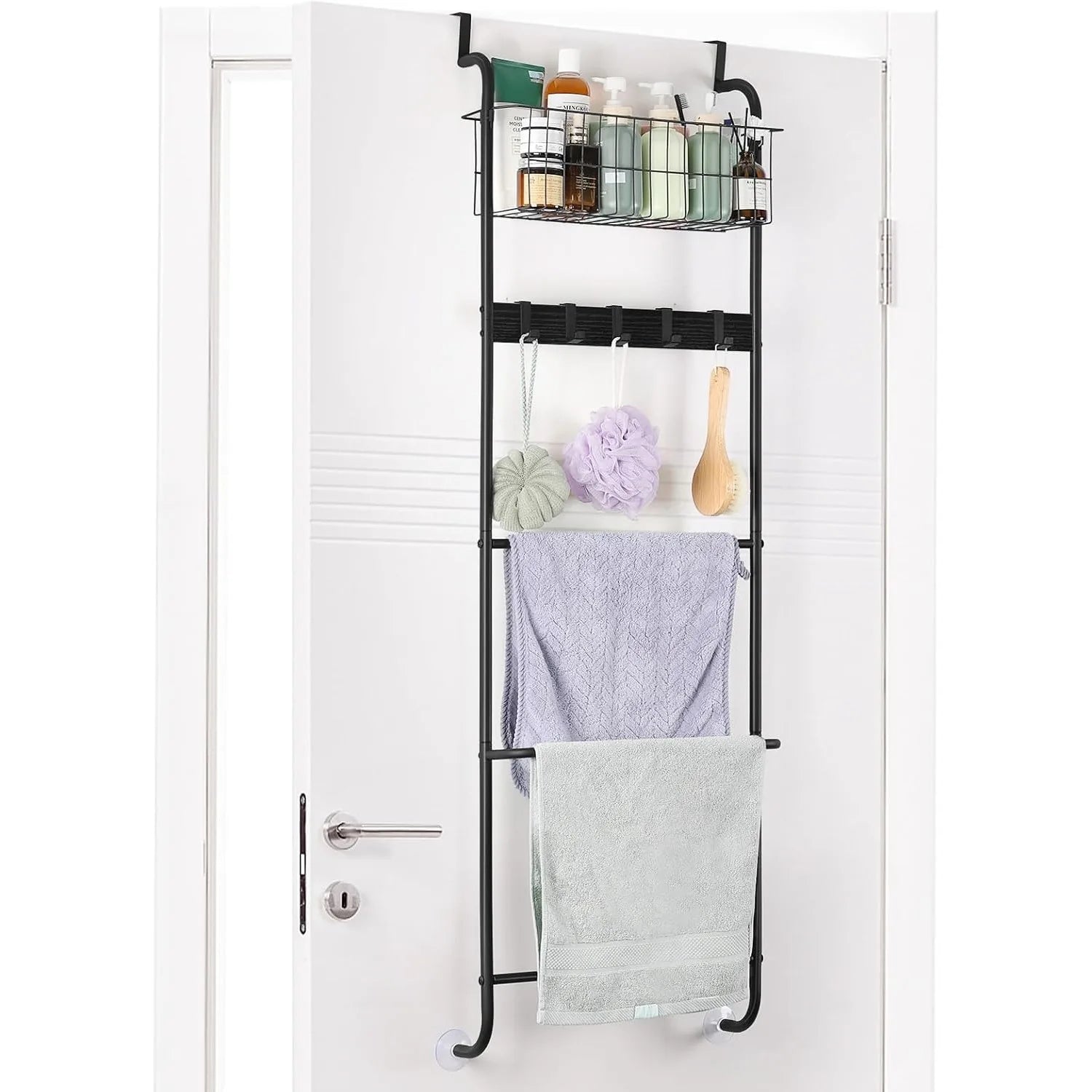 5-Tier Over-The-Door Towel & Accessory Rack with Hooks & Basket – Matte Black Metal