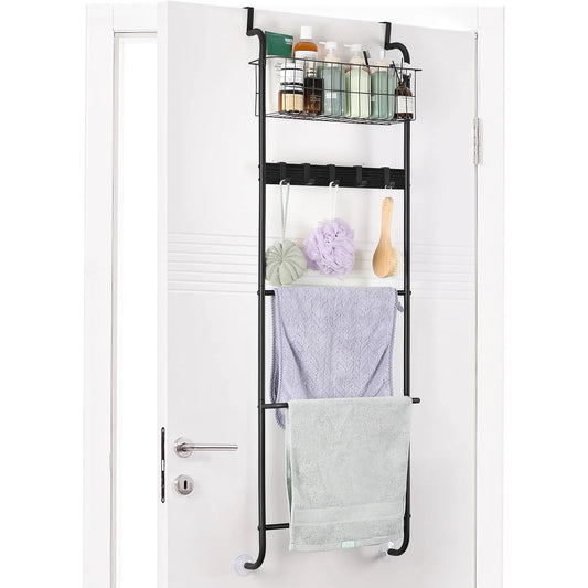 5-Tier Over-The-Door Towel & Accessory Rack with Hooks & Basket – Matte Black Metal