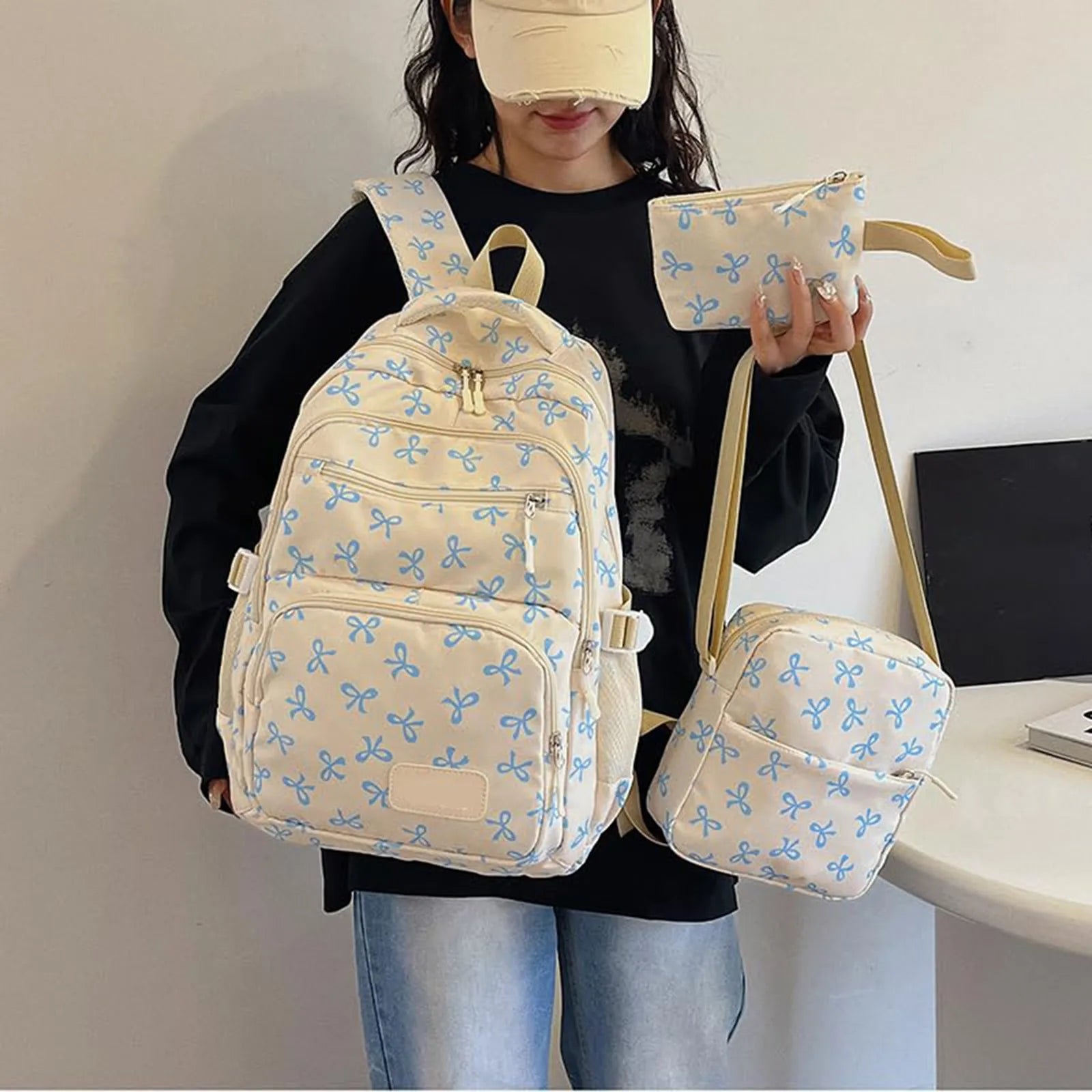 Korean Fashion Bow-Print Backpack Set — Lightweight 3-Piece Student Schoolbag for Girls