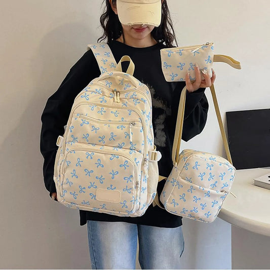 Korean Fashion Bow-Print Backpack Set — Lightweight 3-Piece Student Schoolbag for Girls