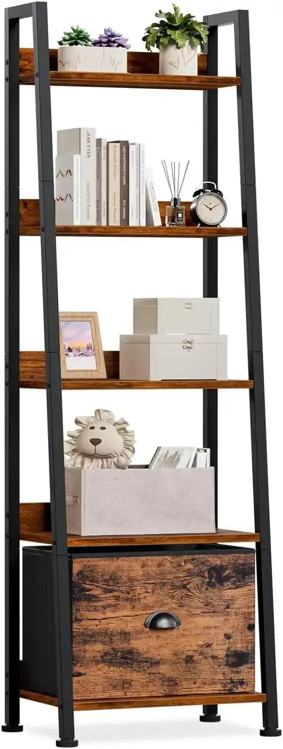 5-Tier Ladder Shelf, Ladder Bookshelf with Removable Drawer, Rustic Bookcase Storage Rack Organizer, Wood Metal Freestanding - PulinGO