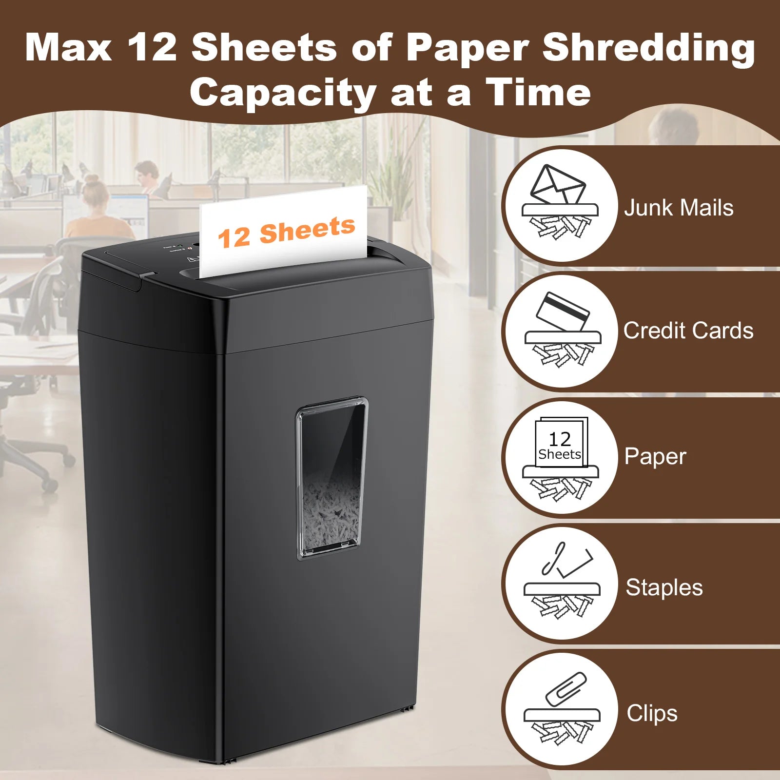 Bonsaii 12-Sheet Cross-Cut Paper Shredder – Portable Handle Home & Office Shredder with 5.5-Gallon Wastebasket