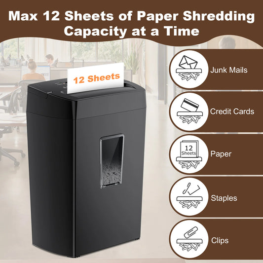 Bonsaii 12-Sheet Cross-Cut Paper Shredder – Portable Handle Home & Office Shredder with 5.5-Gallon Wastebasket