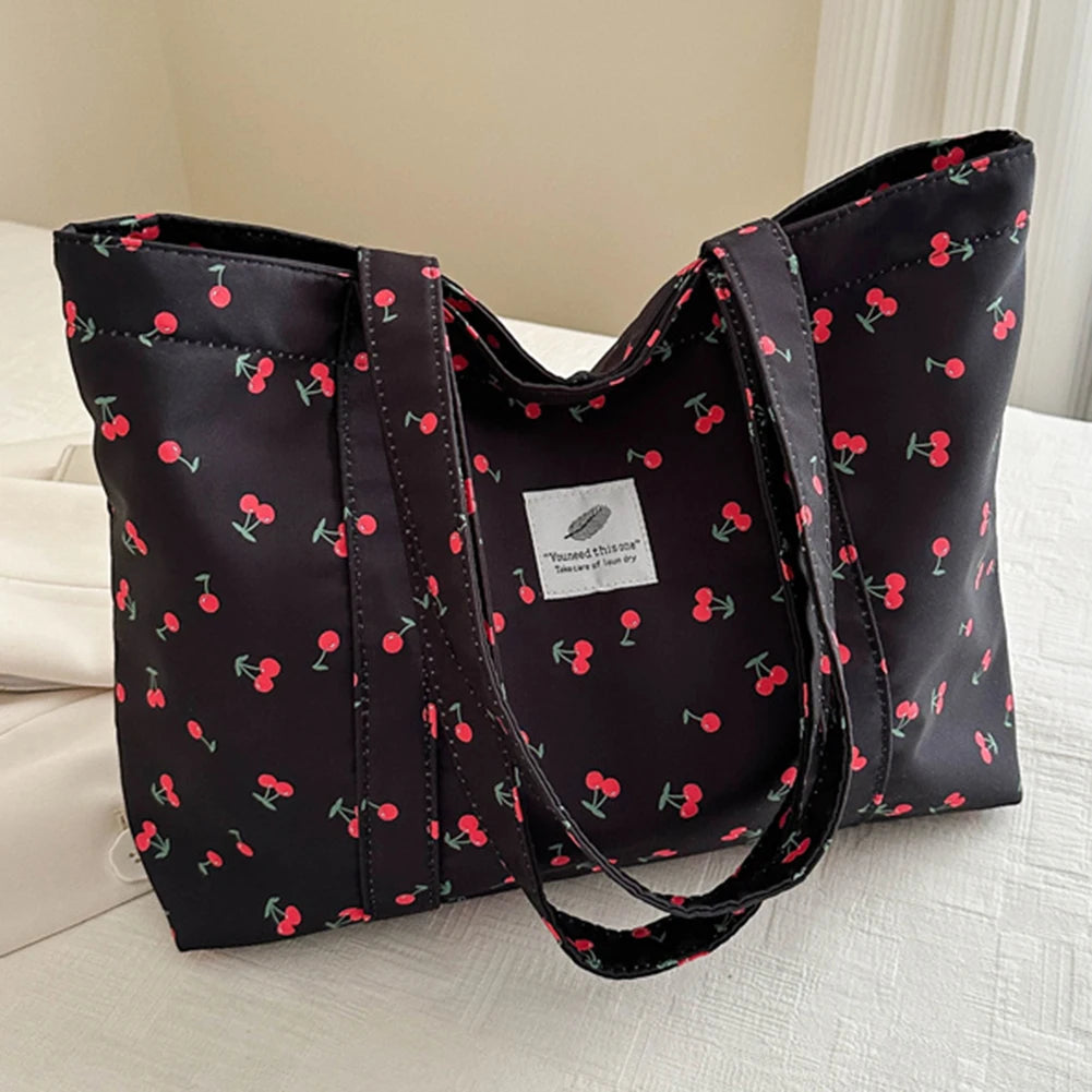 Cherry & Strawberry Print Large Capacity Canvas Tote – Nylon Top-Handle Shoulder Bag