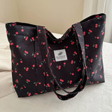Cherry & Strawberry Print Large Capacity Canvas Tote – Nylon Top-Handle Shoulder Bag