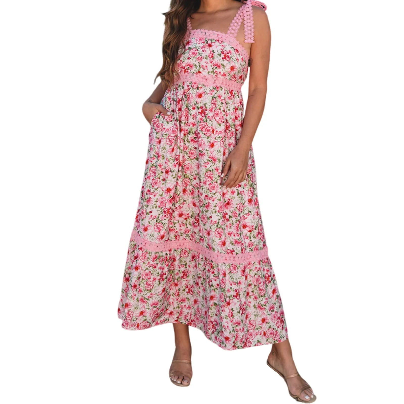 Elegant Floral Maternity Dress – Backless Pregnancy Outfit with Lace Details, Tie Shoulders, Tiered Ruffles & Pockets