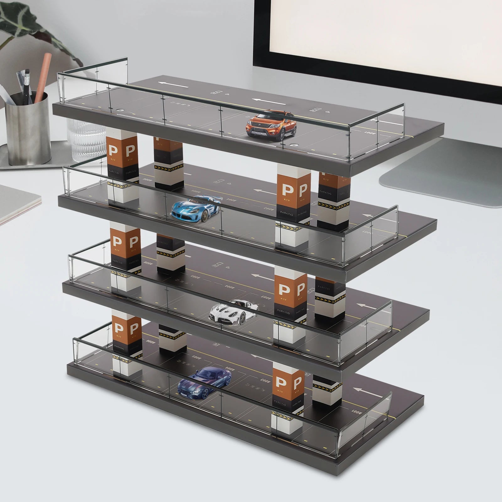 1 : 64 Scale Acrylic Parking Lot Scene Model – 4-Layer Car Garage Diorama Showcase