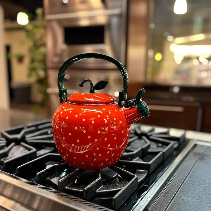 Whistling Tea Kettle – Enamel on Steel Stovetop Teapot with Strawberry Design, Cute Kitchen Water Kettle
