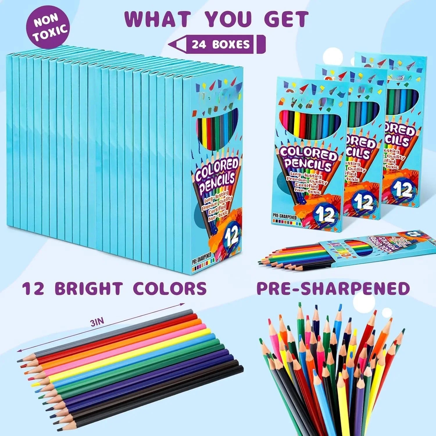 Premium Bulk Color Pencils – 288 Pre-Sharpened Soft Core Pencils (12 Colors)