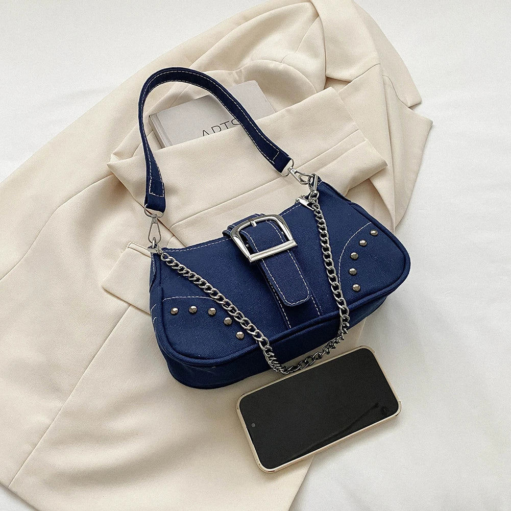 Women’s Vintage Rivet Y2K Under-Arm Canvas Satchel – Trendy Armpit Bag with Zipper Closure