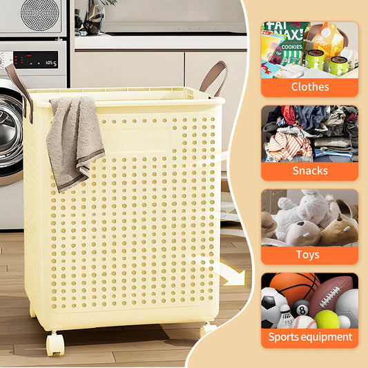 Large Foldable Plastic Laundry Basket with Wheels – Portable Clothes Hamper for Home, Balcony & Bathroom