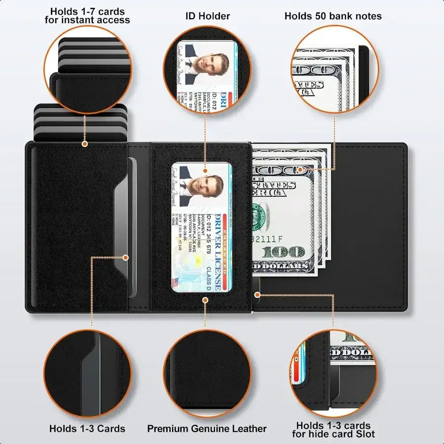 Men’s Wallet & Card Holder – Pop-Up Aluminum Case & Top-Grain Leather Smart Wallet for Men with RFID Blocking (Slim Front Pocket)