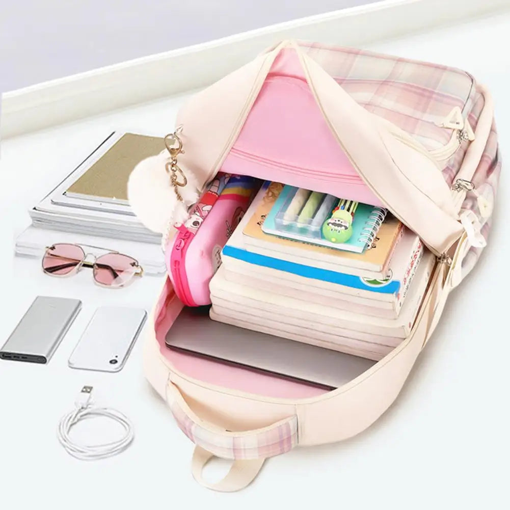 Oxford Fabric Sweet-Color Student Backpack with Plush Doll Pendant – Multi-Compartment School Bag 🏫 🎀