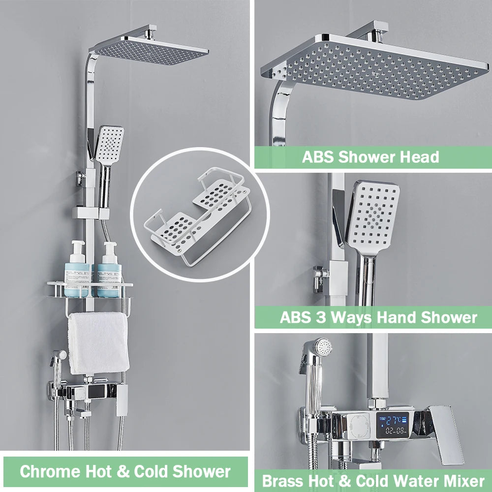 Digital Display Thermostatic Shower Mixer – Matte Black 4-Way Rainfall System with Shelf & Bidet Tap
