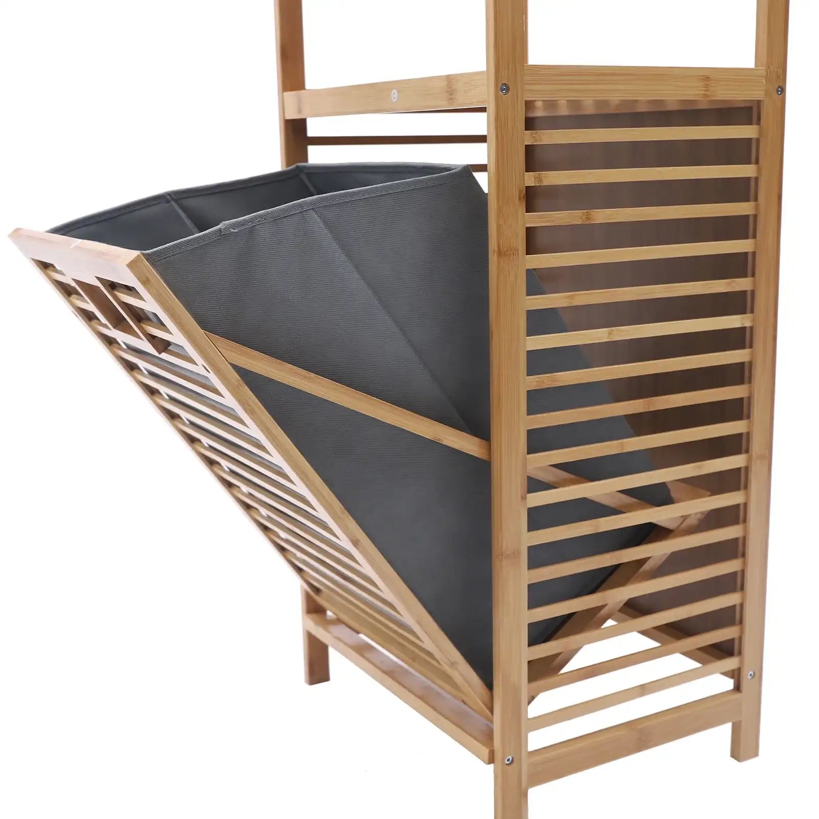 Bamboo Laundry Rack with Flip Basket – Scratch-Resistant Large Capacity Storage with 2 Shelves, Easy-to-Clean Home Organizer