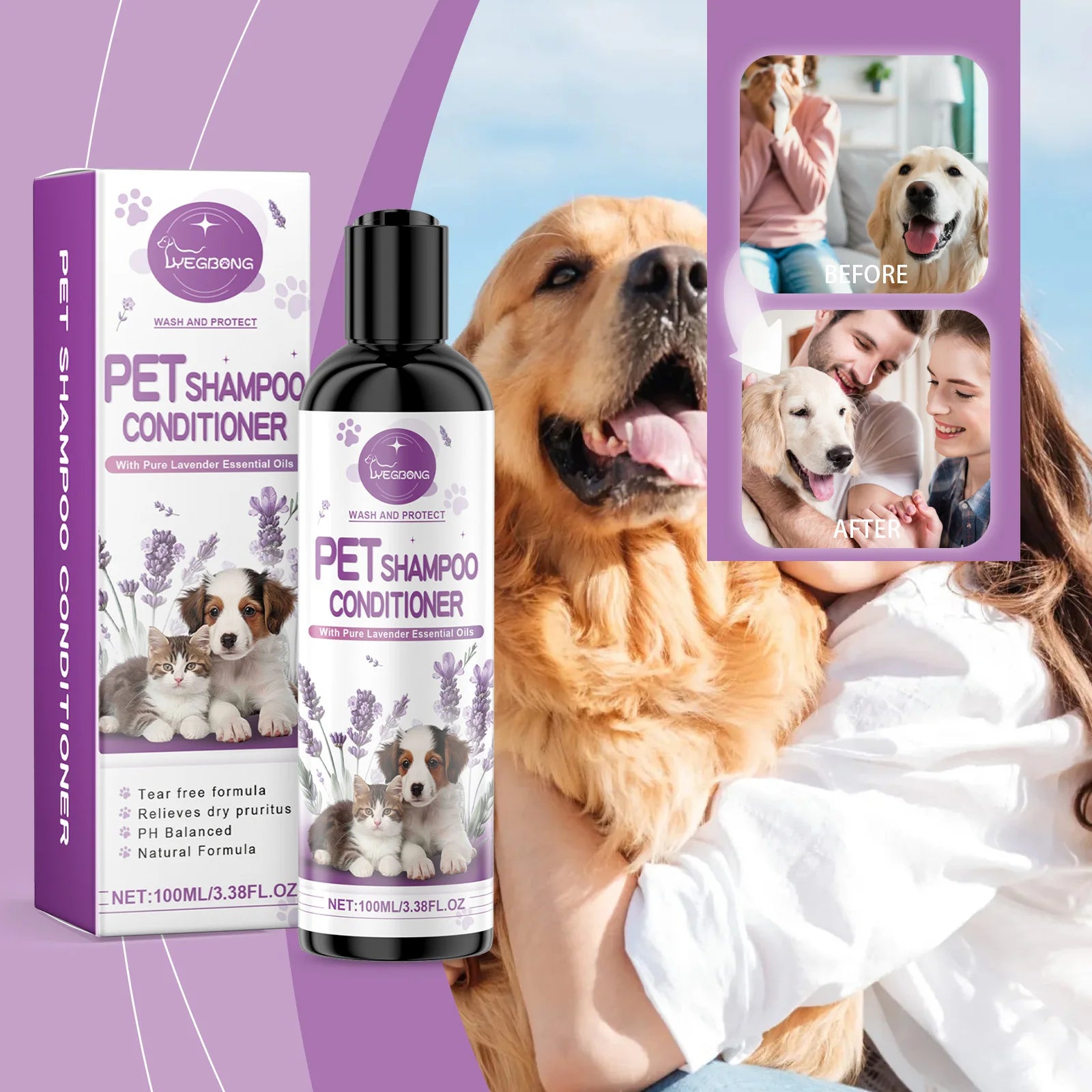Yegbong Pet Lavender Shampoo – Gentle Cleansing for Cats & Dogs, Fluffy, Smooth & Fragrant Coat Care