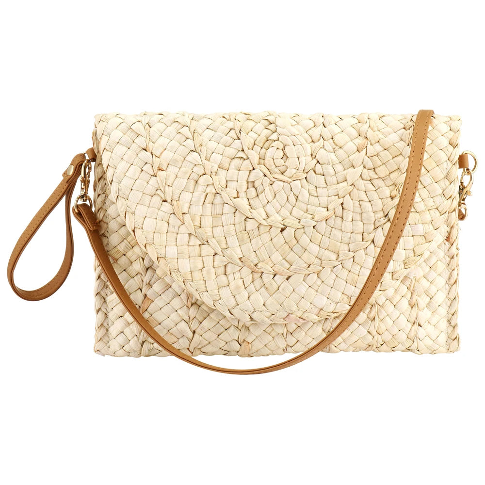 Straw Woven Shoulder Bag for Women – Large Capacity Raffia Tote with Flap Envelope Style for Summer & Beach