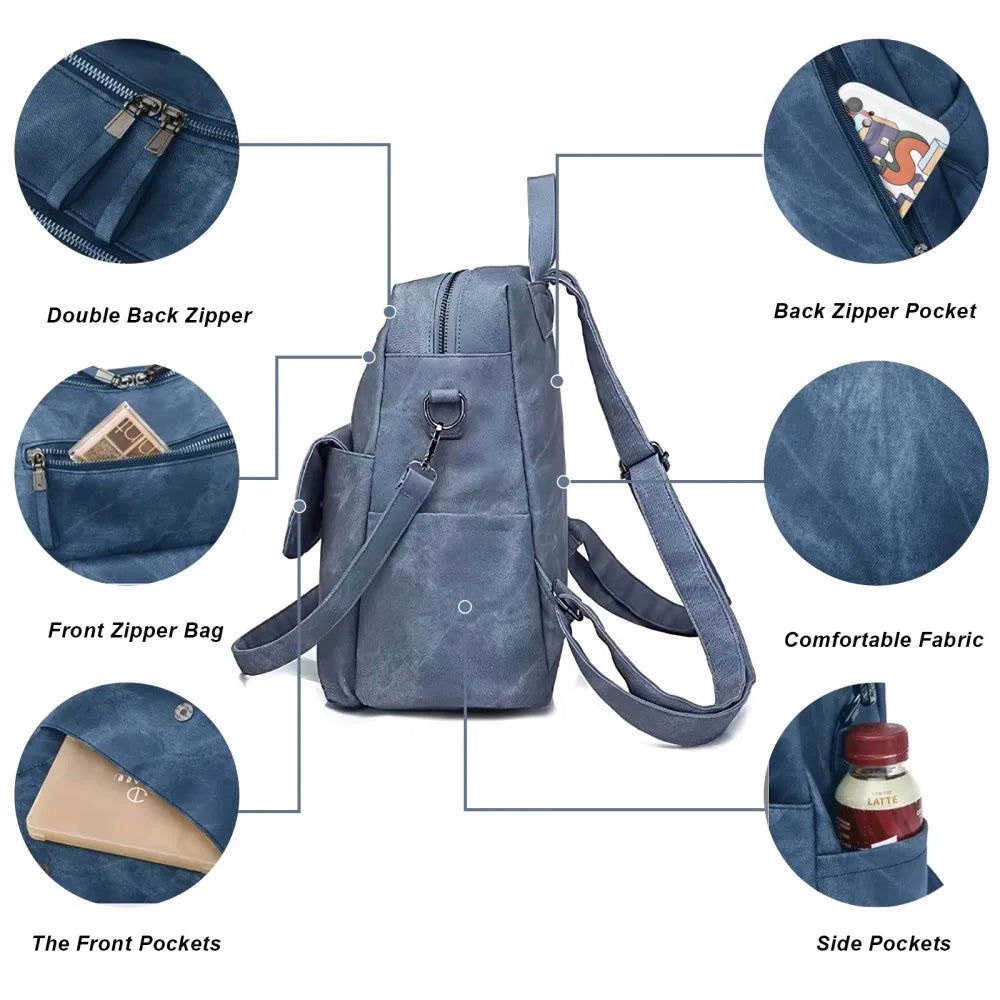 Women’s PU Leather Backpack Purse – Fashion Handbag Shoulder Bag for Daily Wear, Travel & Casual Outfits (Blue)