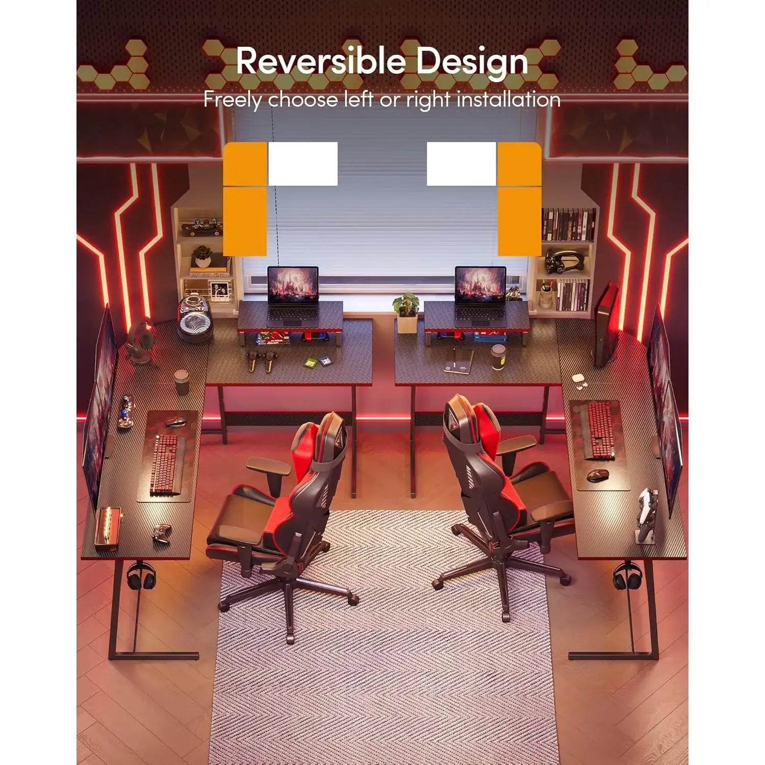 47″ Shaped Gaming & Computer Corner Desk – Carbon Fiber Surface with Monitor Stand for Home Office