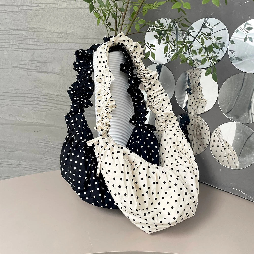 Polka Dot Chic Under-Arm Shoulder Bag for Women – Large Capacity Pleated “Dumpling” Tote for Party & Vacation