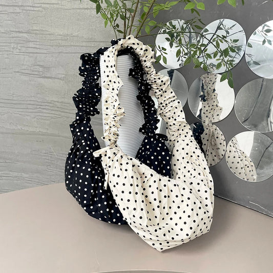 Polka Dot Chic Under-Arm Shoulder Bag for Women – Large Capacity Pleated “Dumpling” Tote for Party & Vacation