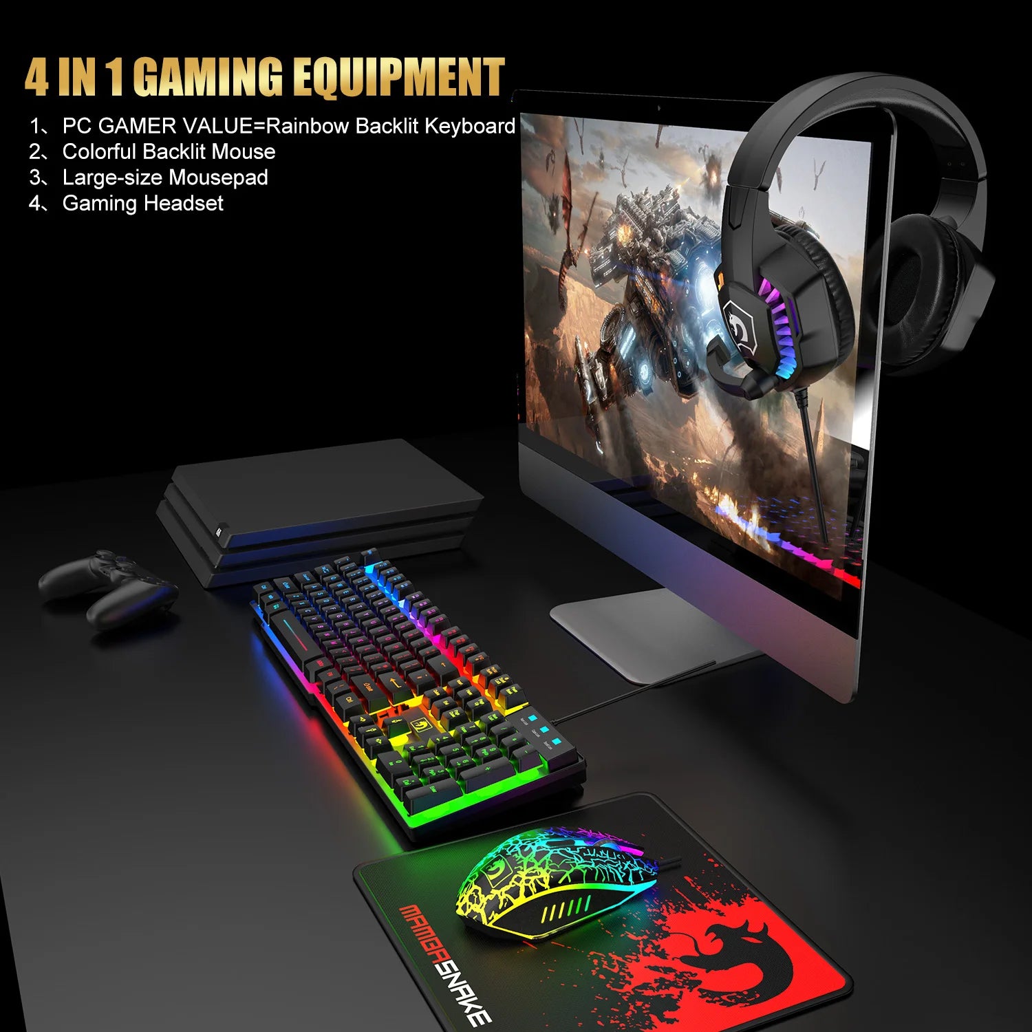 MambaSnake T11 Wired Gaming Combo – Rainbow LED Backlit Keyboard, Gaming Mouse & Headset Set for PC & Laptop