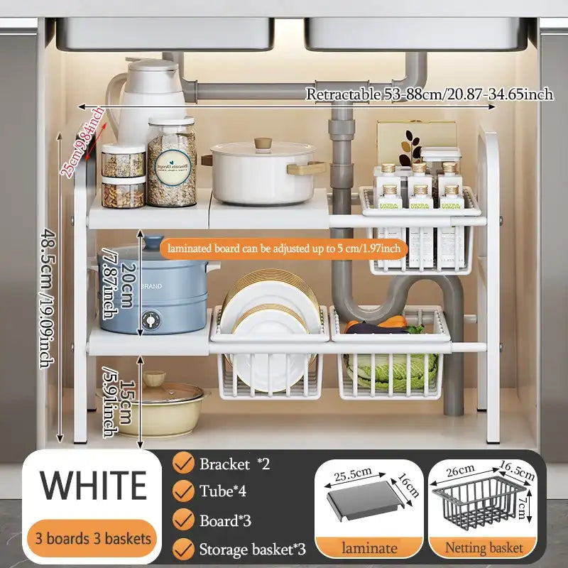 Expandable Under Sink Organizer Rack – 2-Tier Adjustable Cabinet Shelf with Removable Baskets
