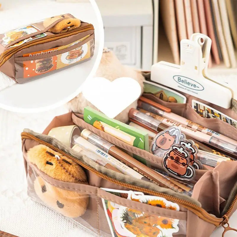 Capybara Pencil Case – Waterproof Plush Pencil Pouch with Cute Pins
