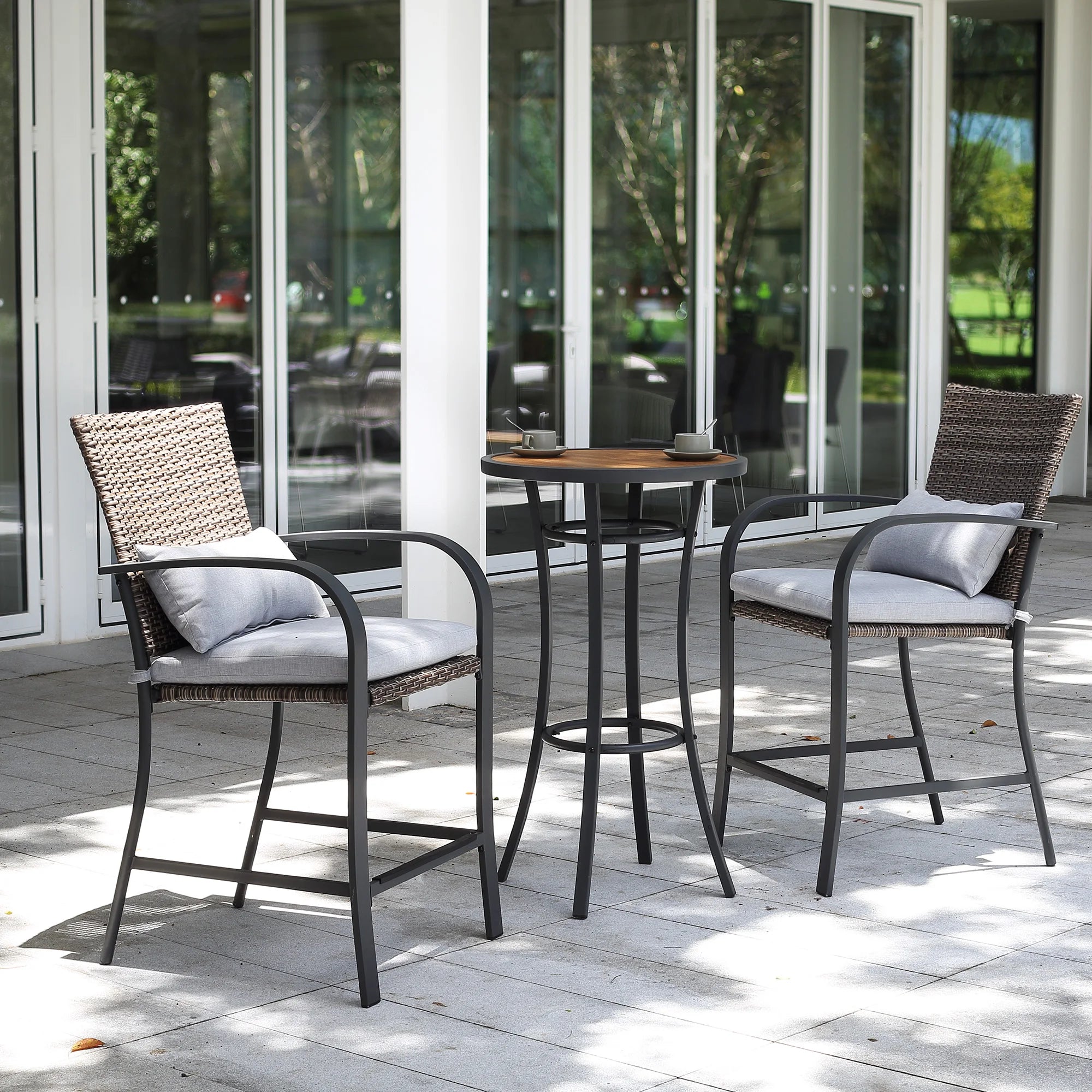 “3-Piece Patio Bar Set – Rattan Wicker Outdoor Furniture with Cushioned Stools & High Table for Backyard, Deck & Poolside”
