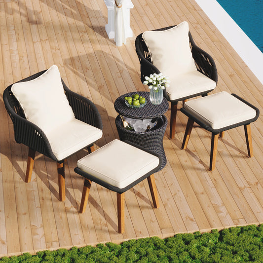 “5-Piece Outdoor Patio Furniture Set – Wicker Bar Table with 2 Single Chairs & 2 Stools for Balcony or Garden”