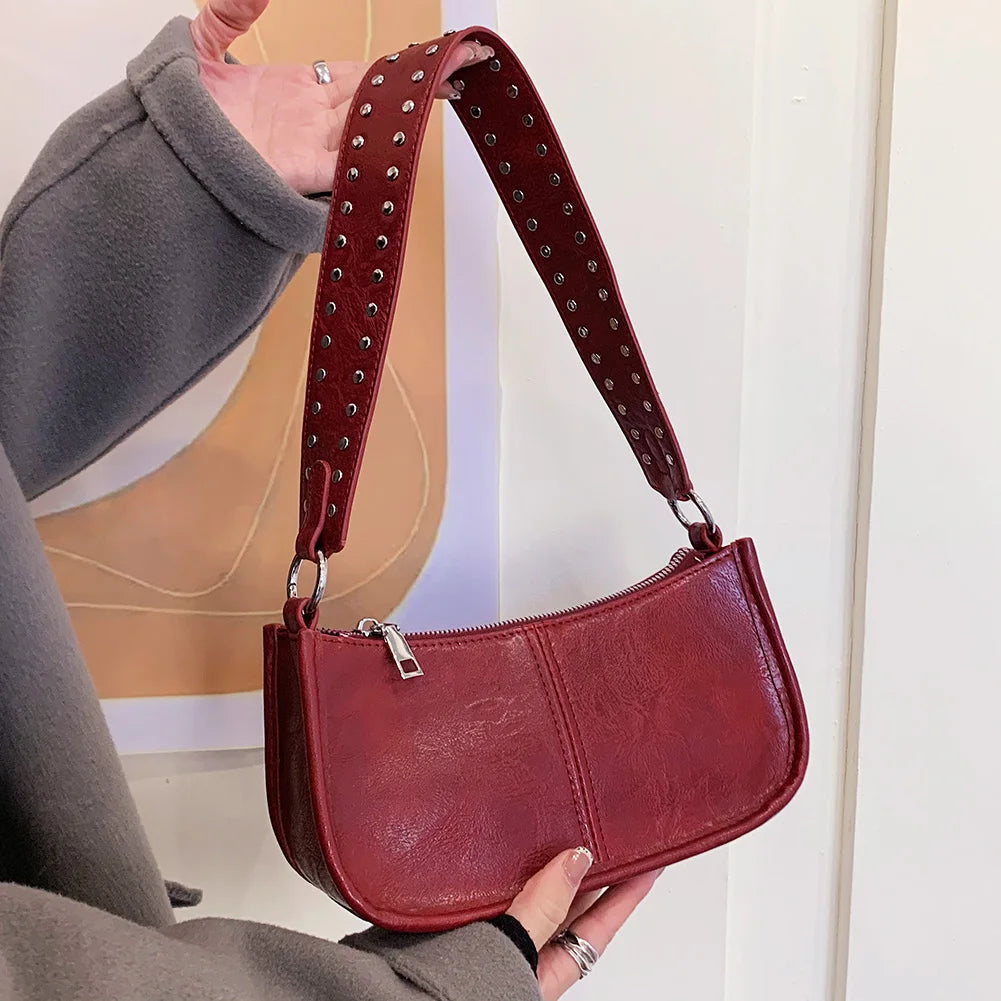 Studded Decor Under-Arm Satchel Bag – Adjustable Strap PU Leather Daily Shoulder Bag for Women