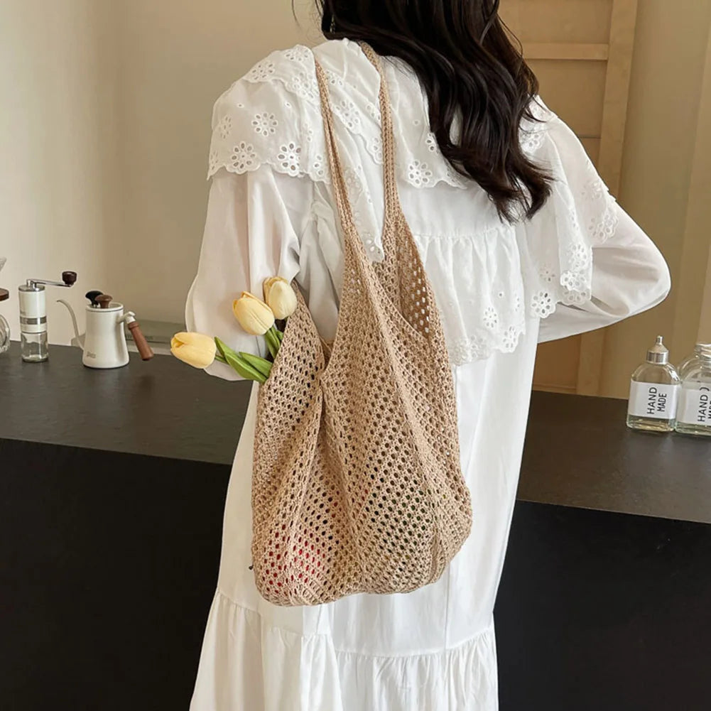 Women’s Knitted Shoulder Tote – Large-Capacity Crochet Underarm Bag, Summer Mesh Beach Hobo Handbag