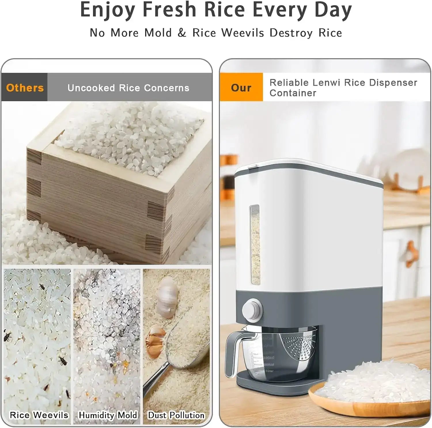 “25 lbs Rice Dispenser – Large Dry Food Storage Container with Measuring Cup, BPA-Free Kitchen Pantry Organizer”