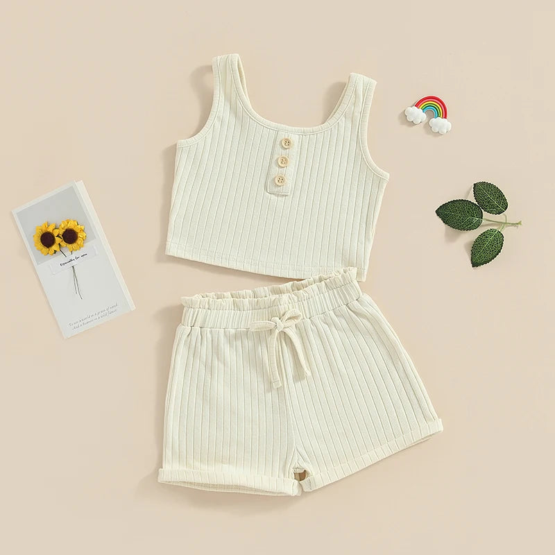 Lioraitiin Girls’ 2-Piece Summer Outfit – Sleeveless Knit Vest Top & Solid Drawstring Shorts Set for Kids 0–8 Years