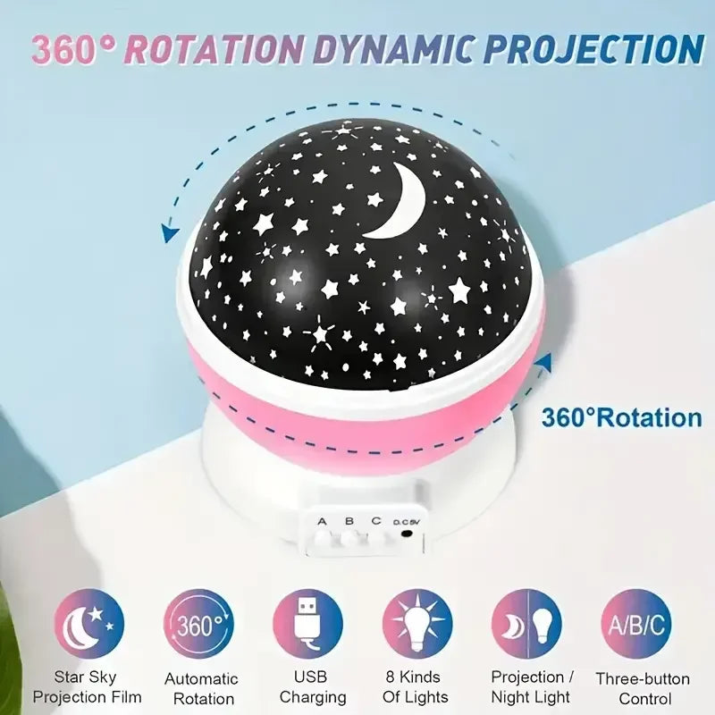 USB Powered Starry Night Light Projector – 360° Rotatable Moon & Stars Lamp with 9 Color Modes for Kids’ Bedroom & Home Decor