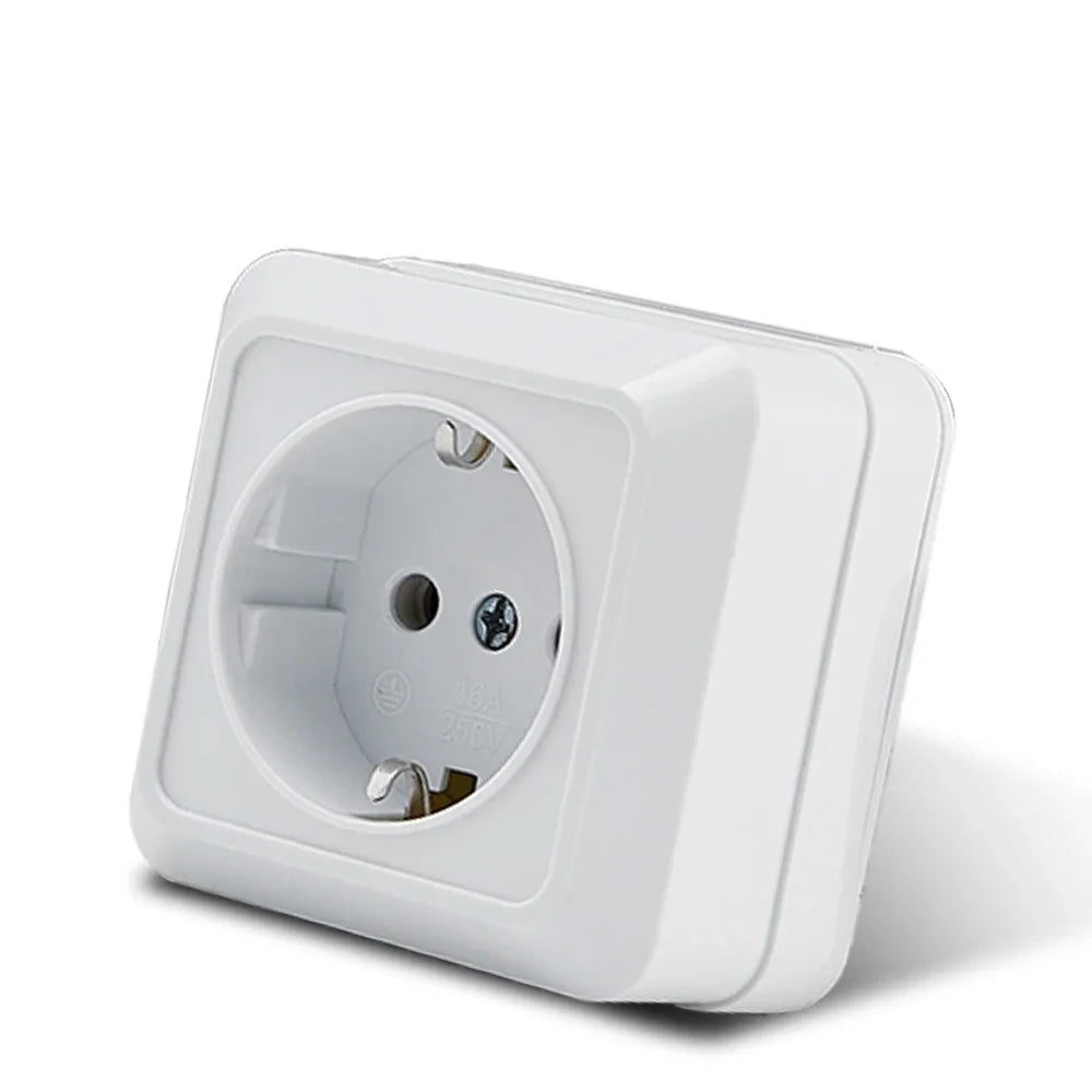 White Wall Mount EU Standard Power Socket – Vintage Style Electrical Outlet with Grounding, Flame-Retardant Plastic Surface Plug for Home & Office
