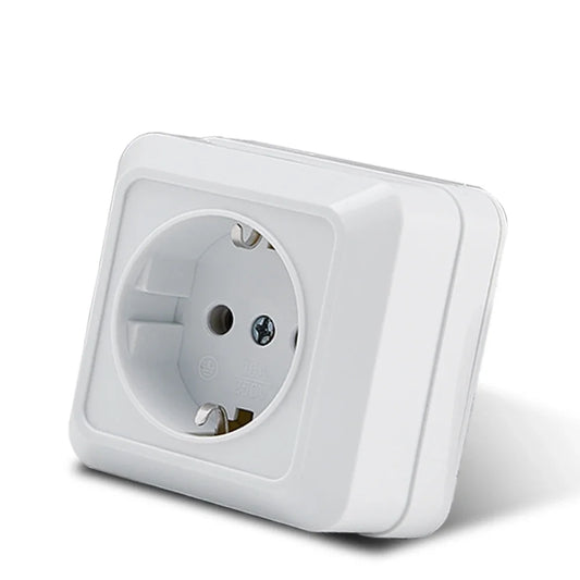 White Wall Mount EU Standard Power Socket – Vintage Style Electrical Outlet with Grounding, Flame-Retardant Plastic Surface Plug for Home & Office